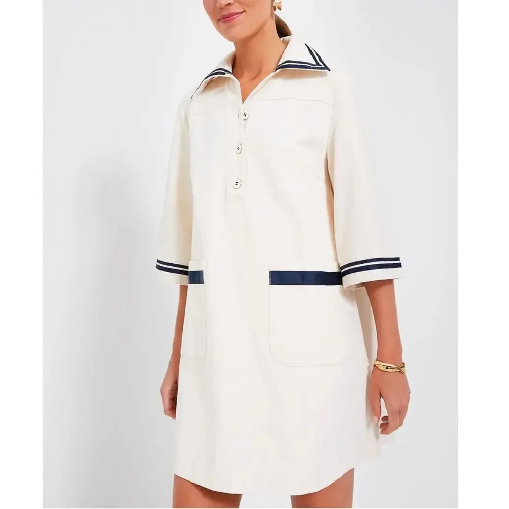 NWT Tuckernuck Pomander Place Hart Shirt Dress Mini Gardenia Tan Blue Large New - Picture 2 of 12